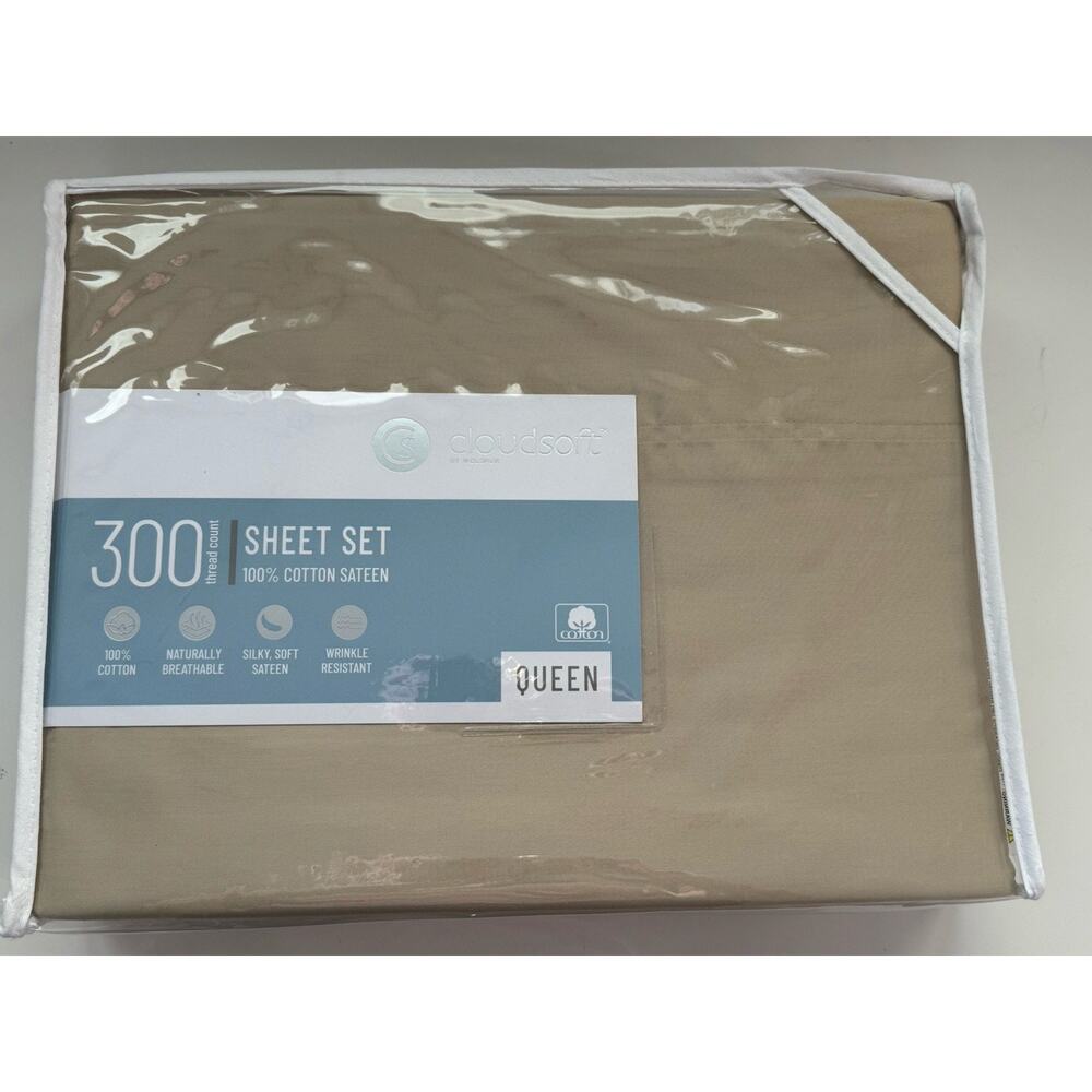 Welspun Cloud Soft4 PC QUEEN Sheet Set 100% Cotton Sateen Beige Silky Soft